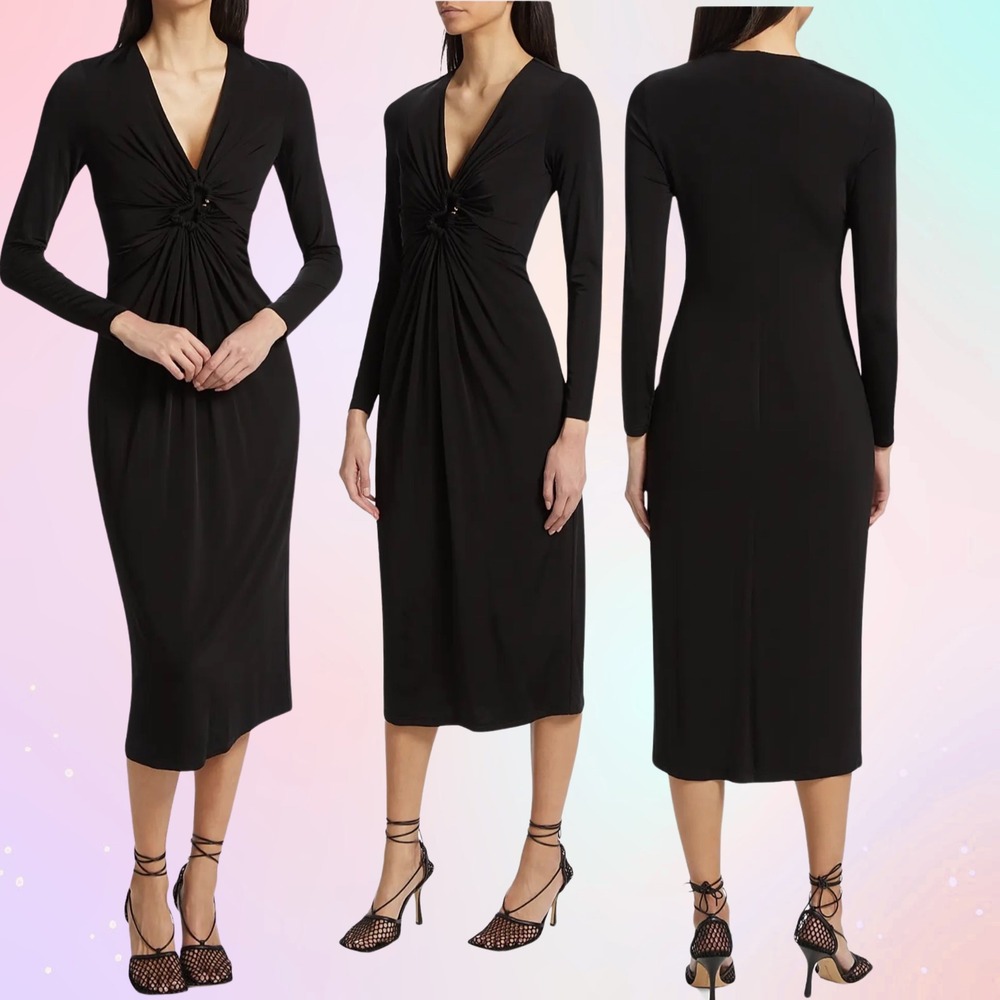 Elie Tahari‎ Alisha Knit Midi Dress, XS Black Gold, Ruched Long Sleeve Bodycon